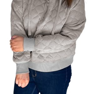 Plus Size Gray Quilted Quarter Zip Hoodie for Women – Cozy and Stylish Winter Essential - Main View