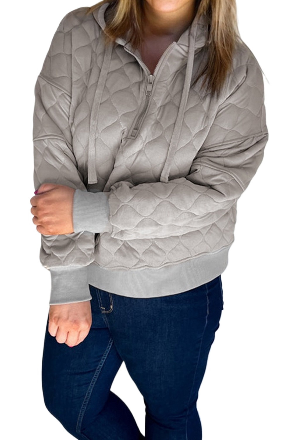 Plus Size Gray Quilted Quarter Zip Hoodie for Women – Cozy and Stylish Winter Essential - Main View Plus Size Gray Quilted Quarter Zip Hoodie for Women – Cozy and Stylish Winter Essential - Main View