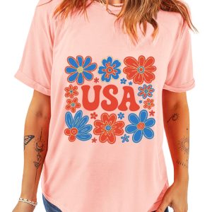 Women's Pink Shimmer USA Letter Printed Casual T-Shirt with Floral Design - Main View