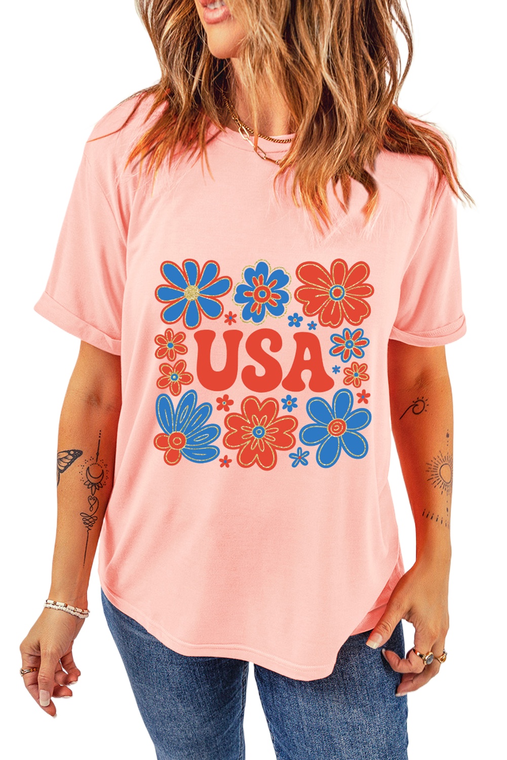 Women's Pink Shimmer USA Letter Printed Casual T-Shirt with Floral Design - Main View Women's Pink Shimmer USA Letter Printed Casual T-Shirt with Floral Design - Main View