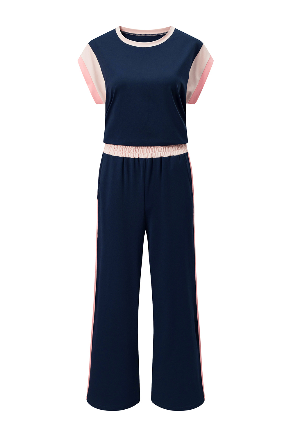 Women's High-Waist Color Block Short-Sleeve Set – Versatile Daily Ensemble - Detail View 3 Women's High-Waist Color Block Short-Sleeve Set – Versatile Daily Ensemble - Detail View 3