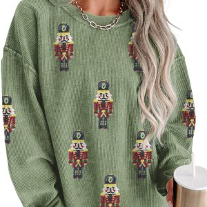 Women's Grass Green Christmas Nutcracker Graphic Corded Pullover Sweatshirt - Main View
