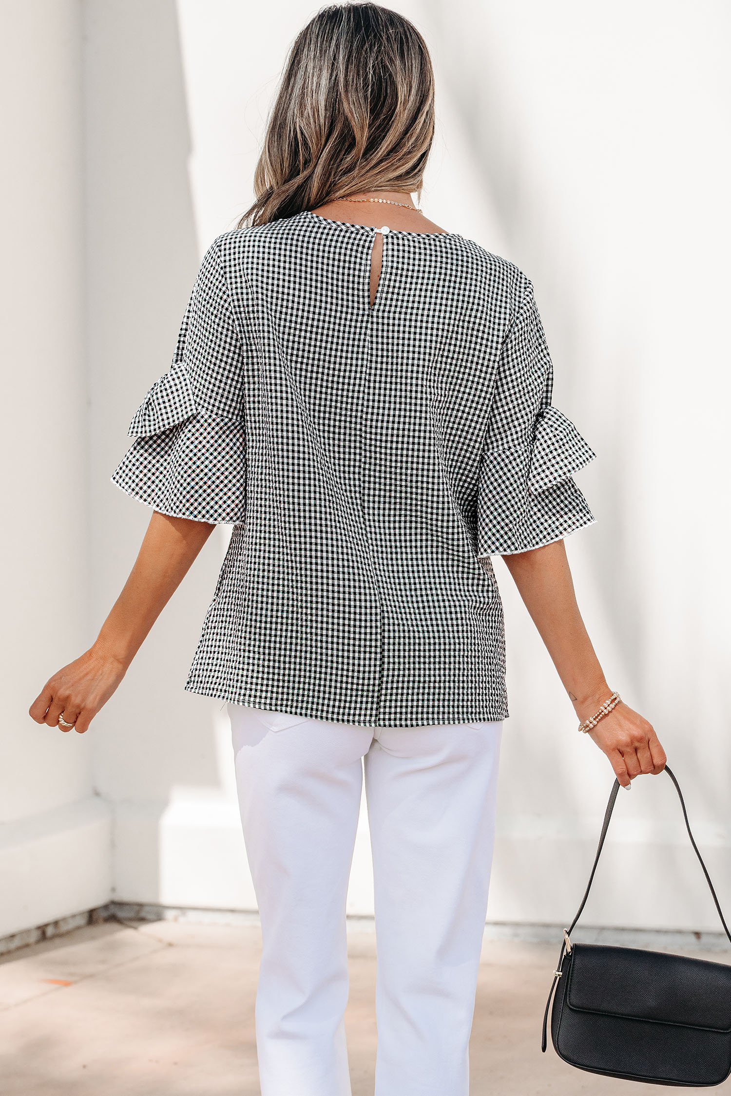 Women's Plaid Round Neck Blouse – Ruffled Half Sleeve Casual Top, Black Checkered Pattern - Detail View 19 Women's Plaid Round Neck Blouse – Ruffled Half Sleeve Casual Top, Black Checkered Pattern - Detail View 19