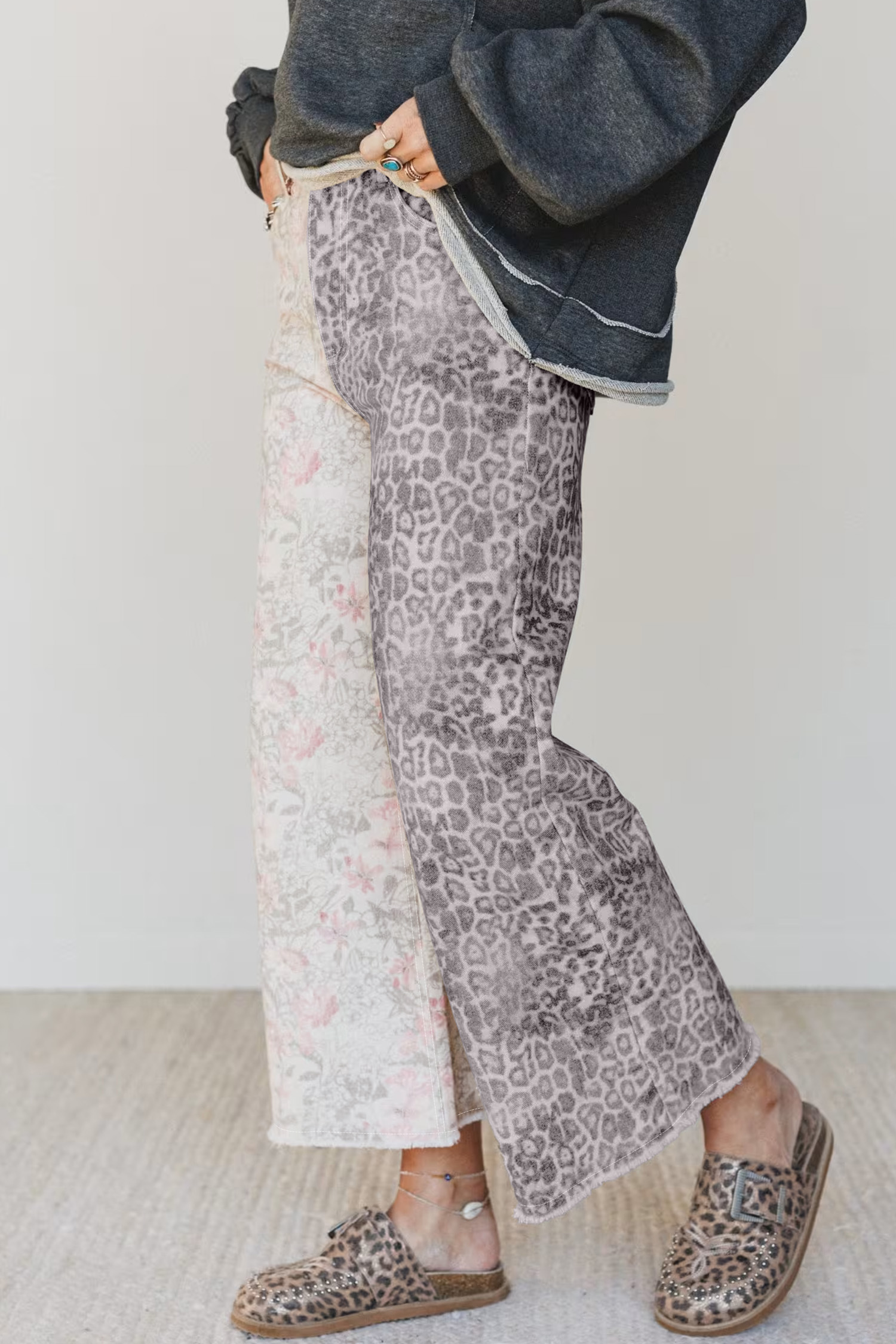 Trendy Western Style Patchwork Jeans – Floral and Leopard Multicolour Denim for Daily Wear - Detail View 3 Trendy Western Style Patchwork Jeans – Floral and Leopard Multicolour Denim for Daily Wear - Detail View 3