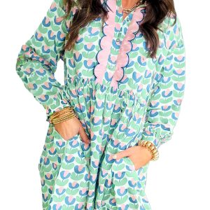 Women's Green Floral Print Notched Neck Scalloped Detail Long Sleeve Mini Dress - Main View