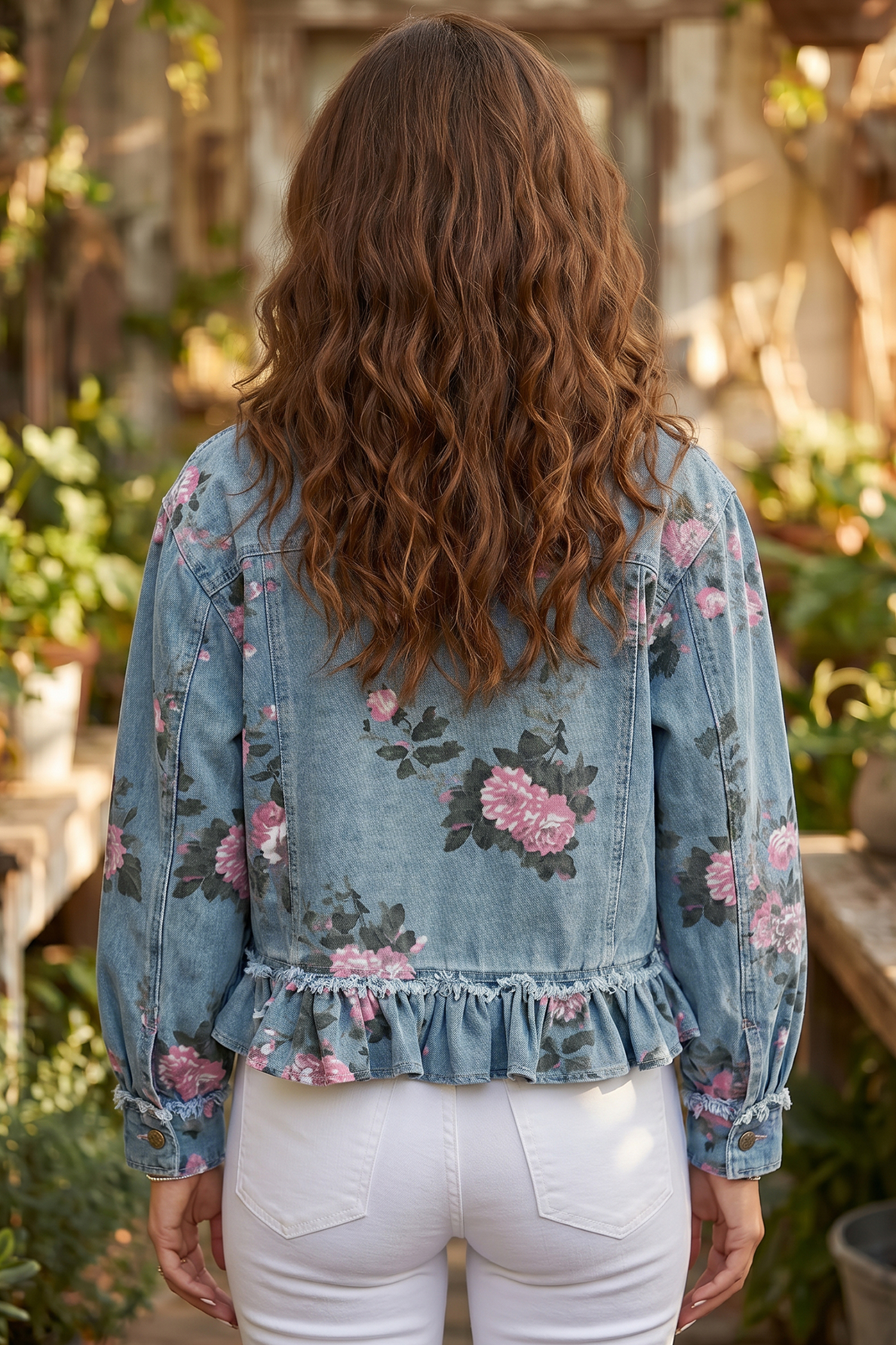 Sky Blue Floral Jean Jacket, Button Down Raw Seam Outwear - Detail View 2 Sky Blue Floral Jean Jacket, Button Down Raw Seam Outwear - Detail View 2