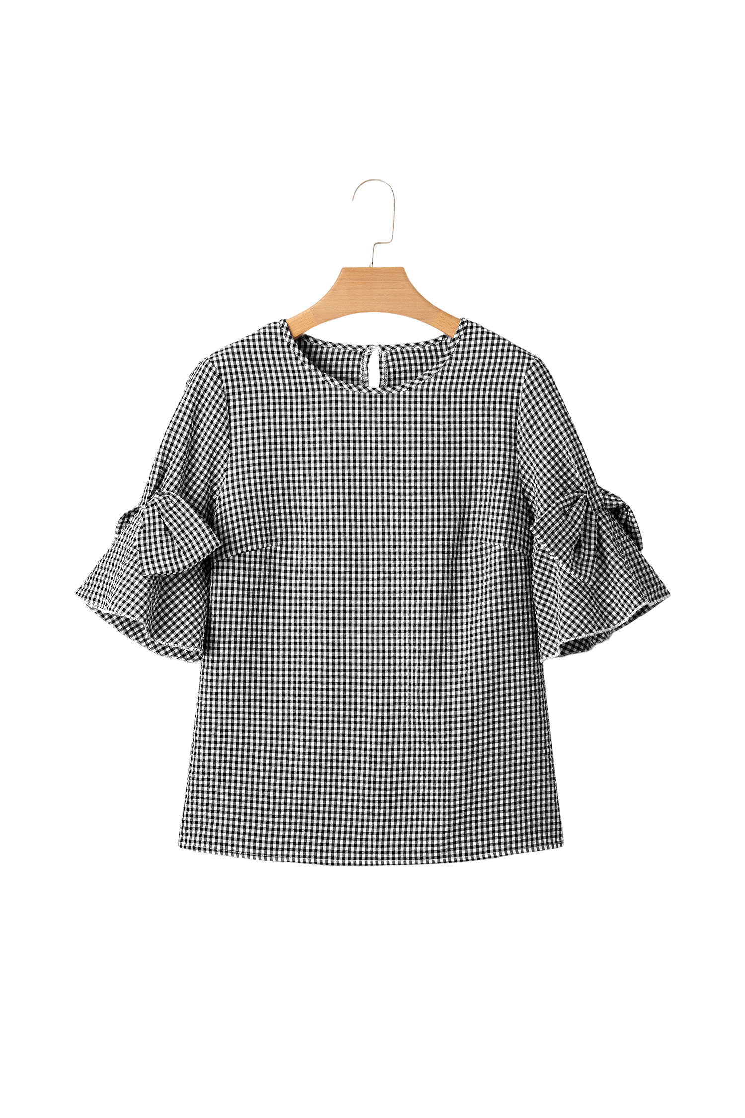 Chic Plaid Shift Top for Women - Ruffled Half Sleeve Round Neck Blouse, Summer Casual Style - Detail View 23 Chic Plaid Shift Top for Women - Ruffled Half Sleeve Round Neck Blouse, Summer Casual Style - Detail View 23