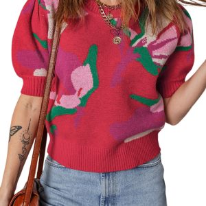 Women's Red Floral Abstract Print Short Puff Sleeve Sweater – Casual Daily Wear for Fall Comfort - Main View