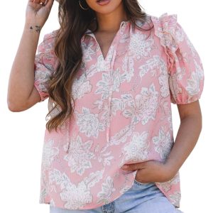Chic Pink Floral Print Drawstring V Neck Puff Sleeve Blouse for Women - Main View