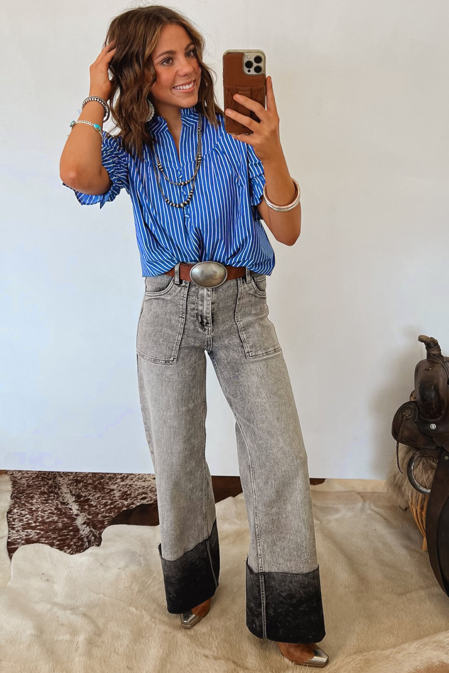 Western Style Striped Blouse for Women – Round Neck Short Puff Sleeve Shirt, Office Professional Look - Detail View 5 Western Style Striped Blouse for Women – Round Neck Short Puff Sleeve Shirt, Office Professional Look - Detail View 5