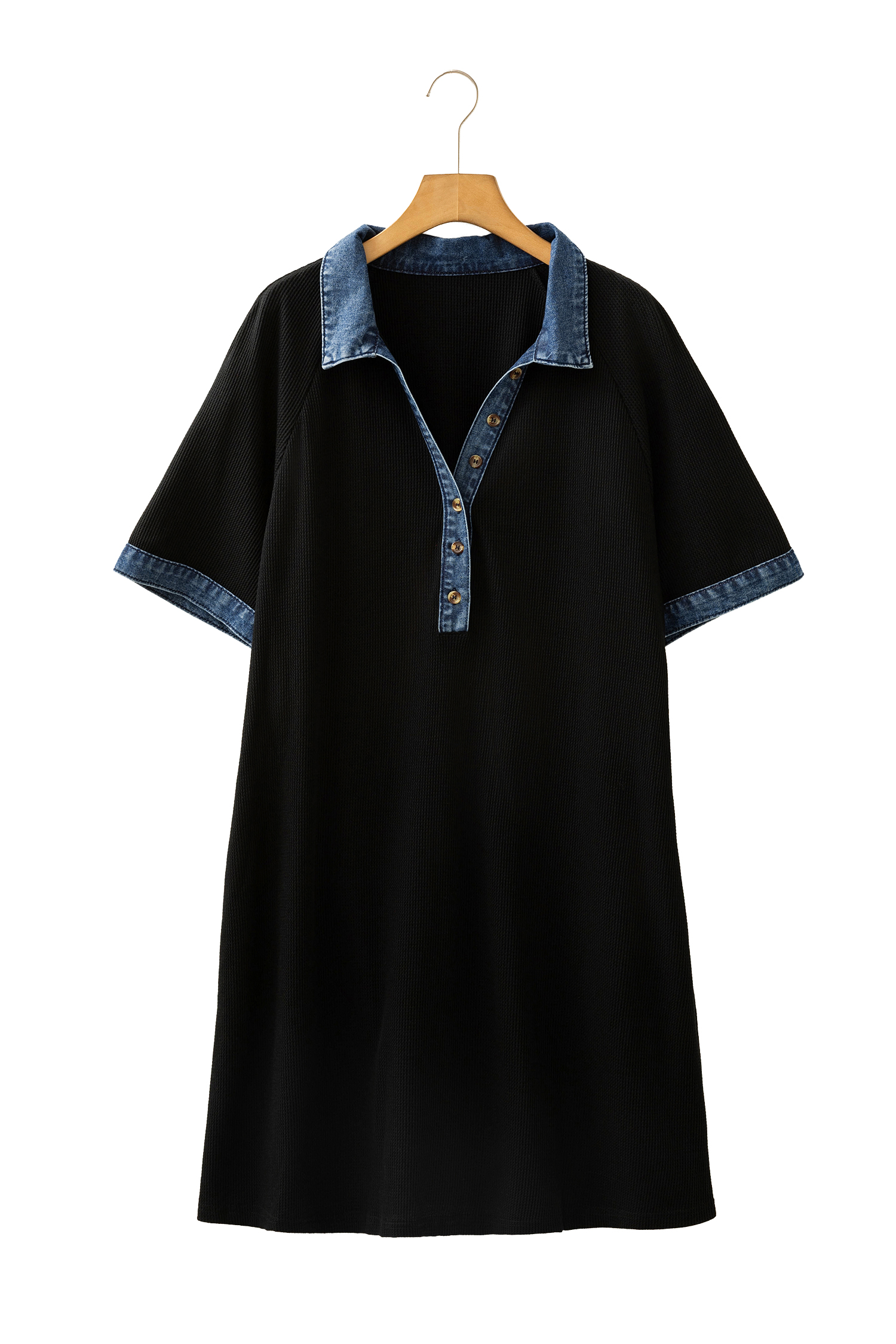 Casual V-Neck Shift Dress – Black Colorblock Denim Detail - Detail View 2 Casual V-Neck Shift Dress – Black Colorblock Denim Detail - Detail View 2