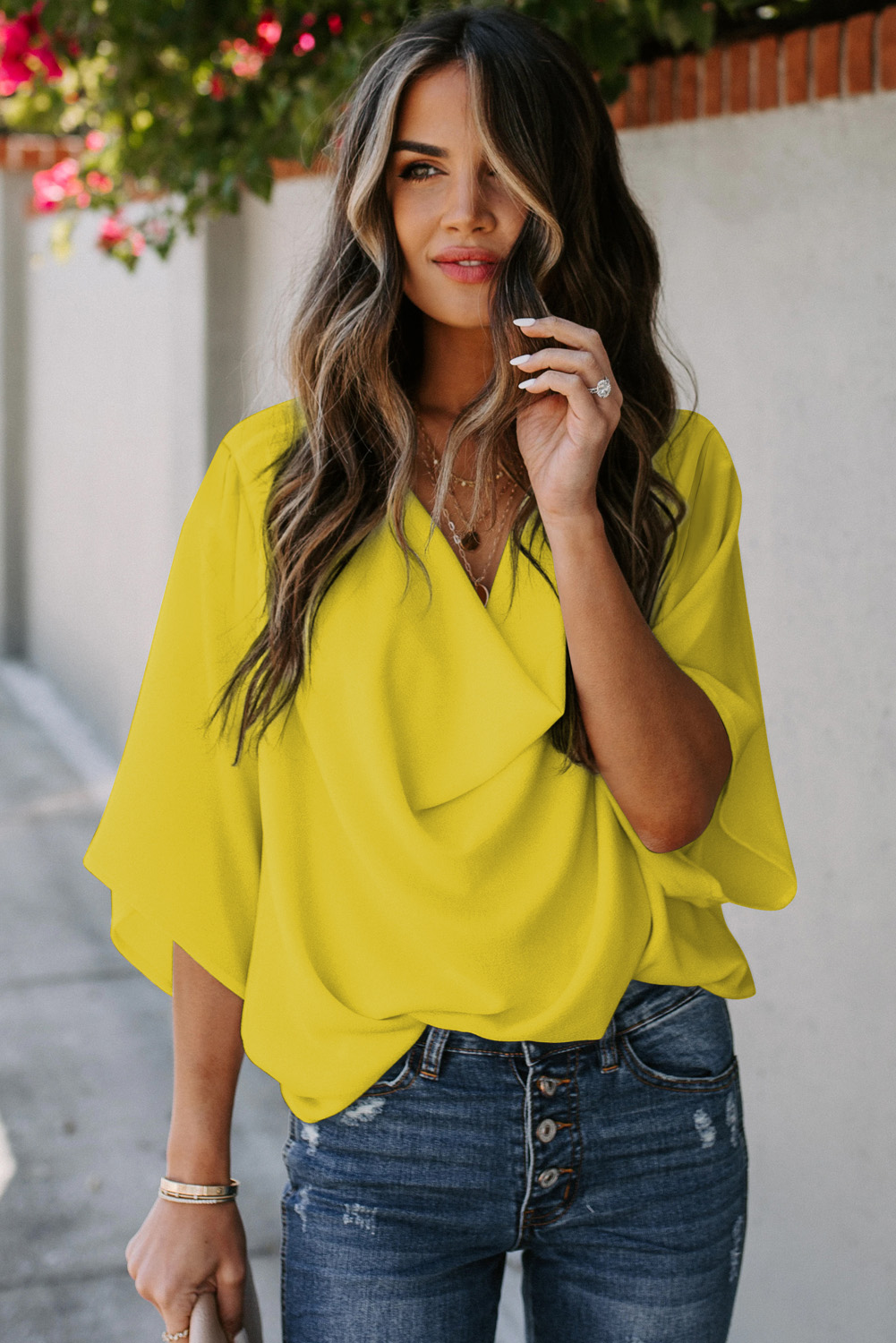 Women's Vanilla Yellow Draped Blouse – Modern V-Neck Top - Detail View 7 Women's Vanilla Yellow Draped Blouse – Modern V-Neck Top - Detail View 7