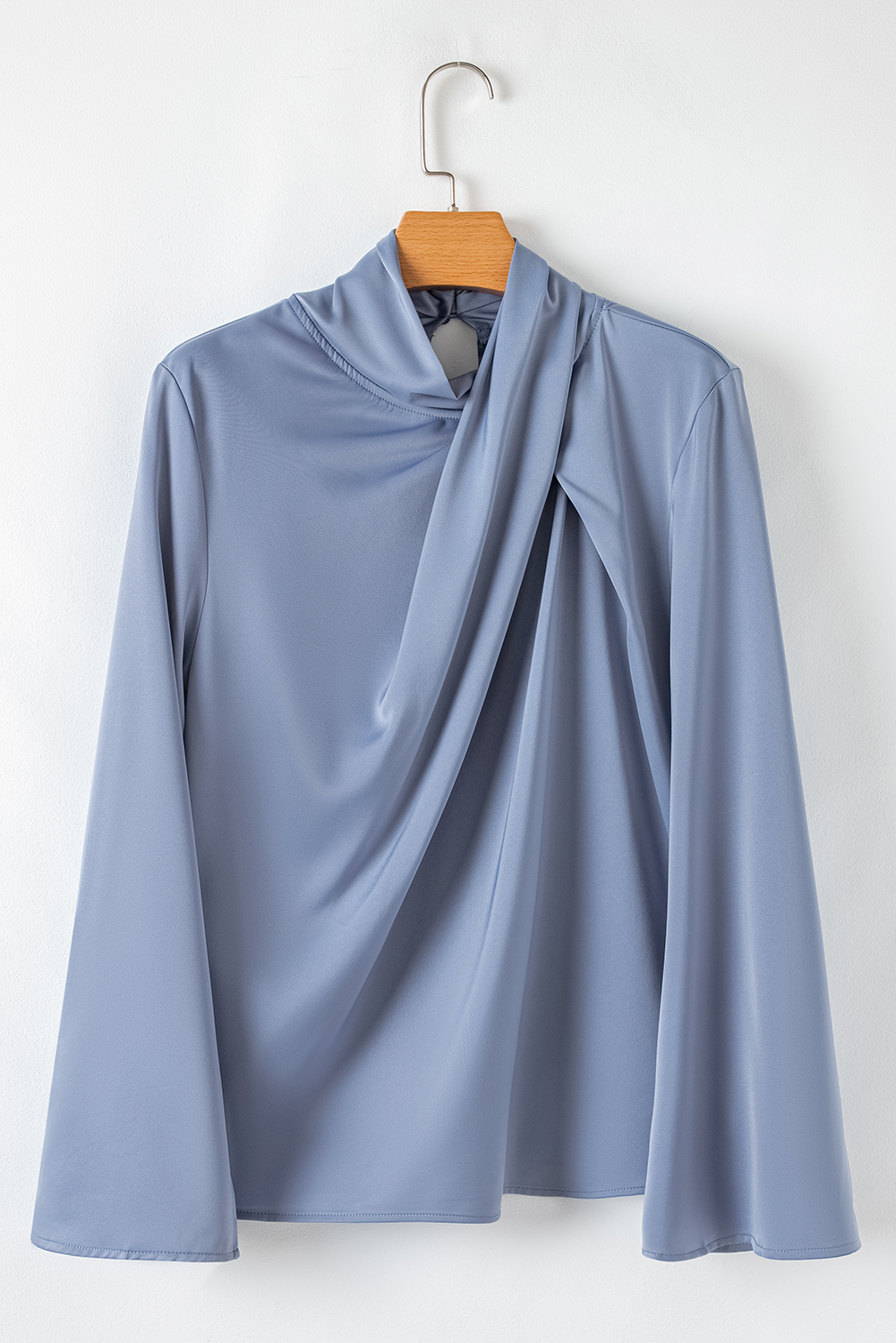 Women's Satin Draped Blouse, Elegant Long Bell Sleeve Top - Detail View 7 Women's Satin Draped Blouse, Elegant Long Bell Sleeve Top - Detail View 7