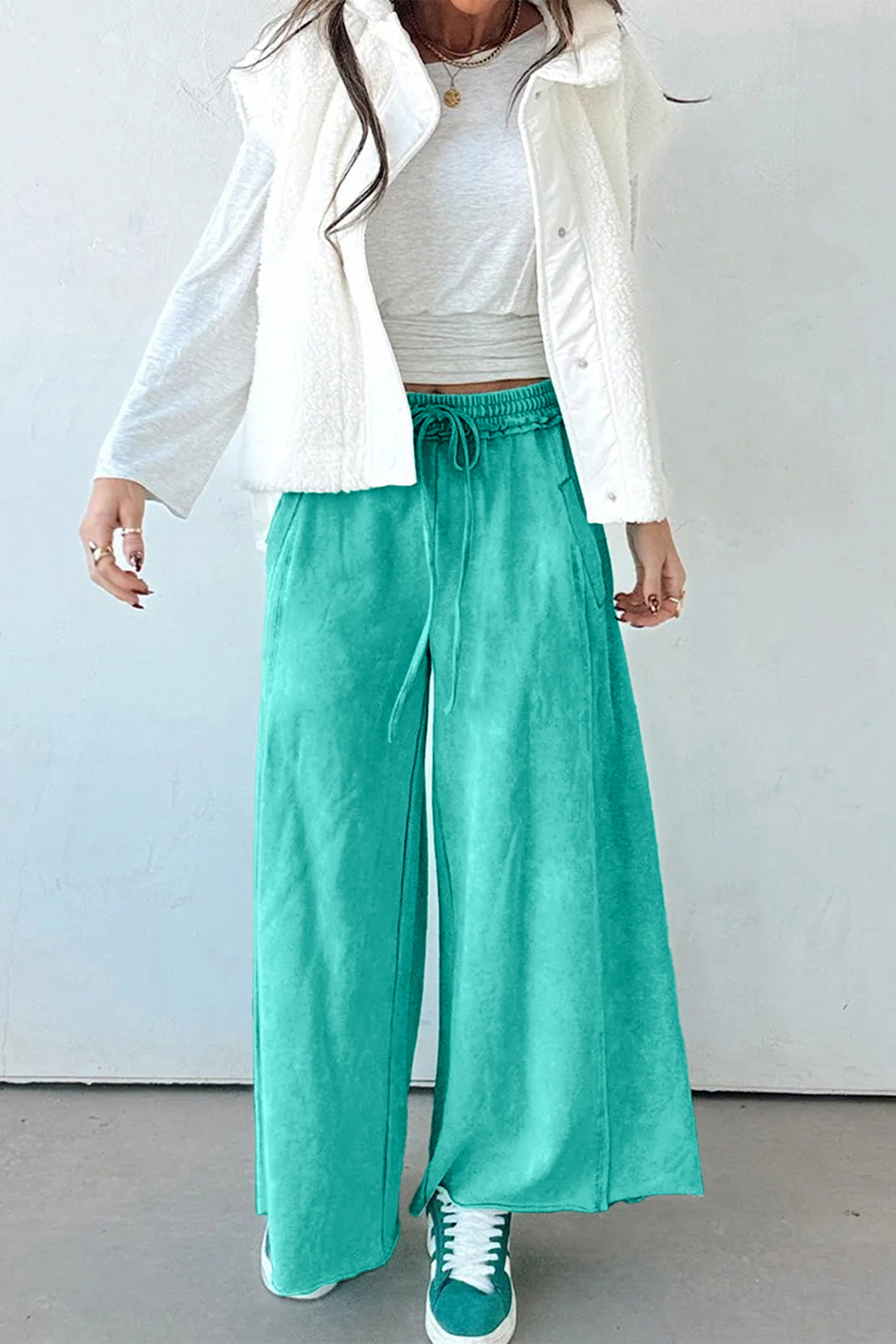 Chic Sea Green Elastic Waist Pants – Perfect Loose Fit for Women on the Go - Detail View 3 Chic Sea Green Elastic Waist Pants – Perfect Loose Fit for Women on the Go - Detail View 3