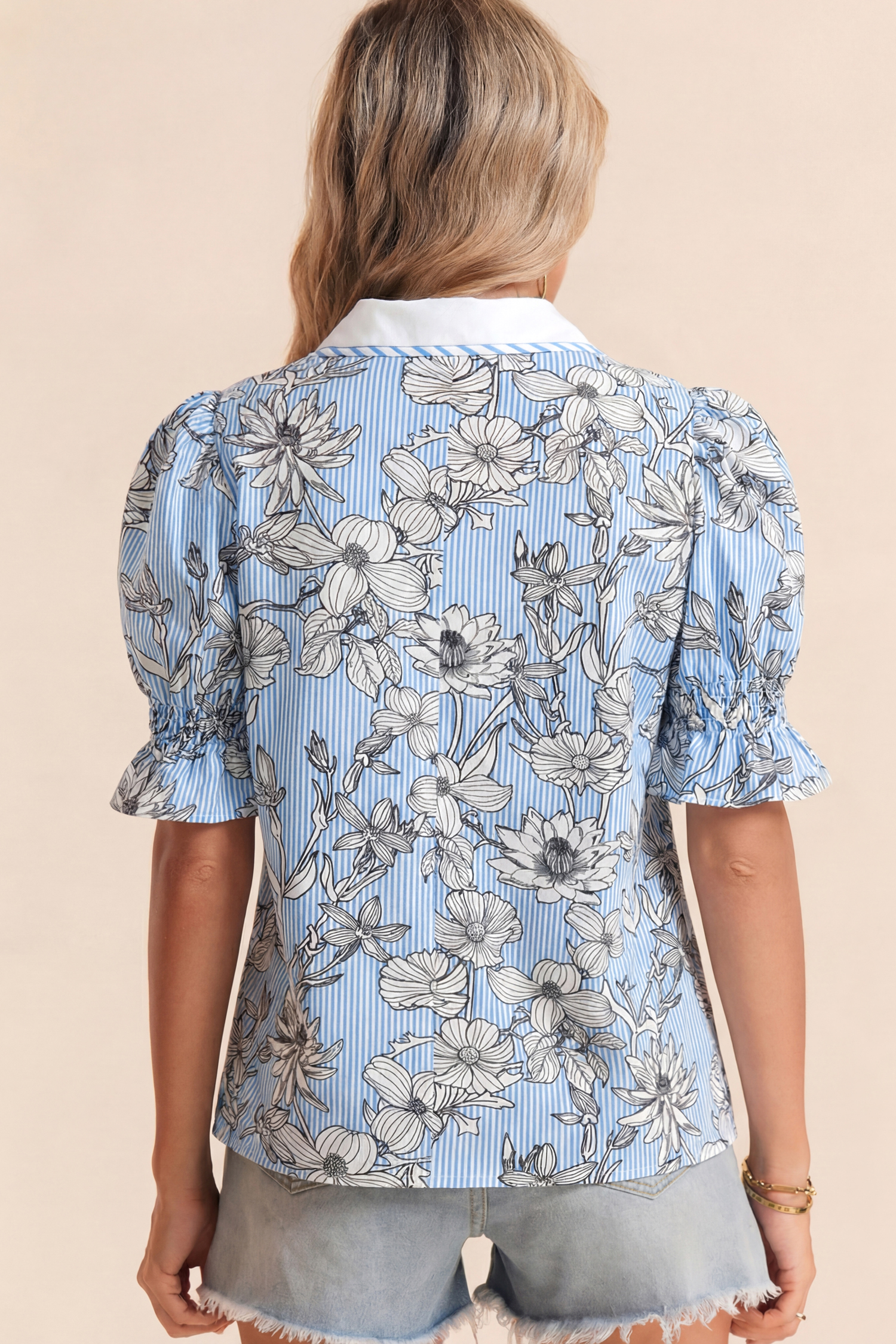 Floral Striped Printed Blouse for Women – V Neck Short Sleeve Top in Sky Blue for Daily Wear - Detail View 2 Floral Striped Printed Blouse for Women – V Neck Short Sleeve Top in Sky Blue for Daily Wear - Detail View 2