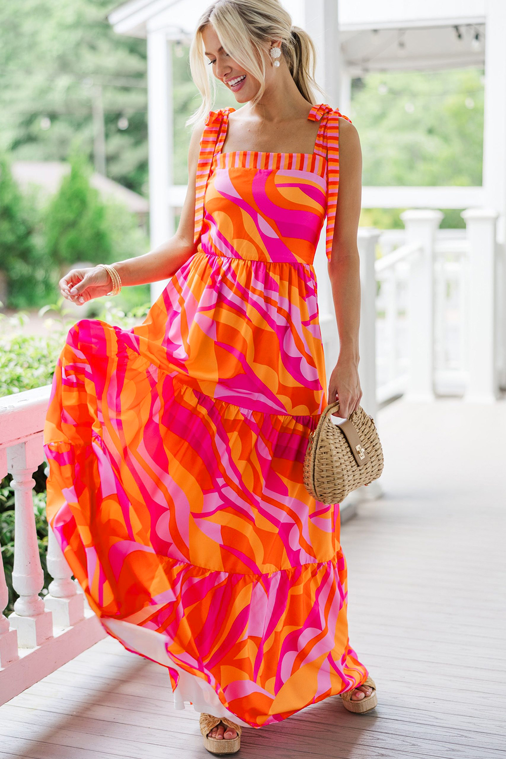 Stylish High Waist A-Line Maxi Dress with Playful Knotted Shoulder - Red Abstract Print - Detail View 6 Stylish High Waist A-Line Maxi Dress with Playful Knotted Shoulder - Red Abstract Print - Detail View 6