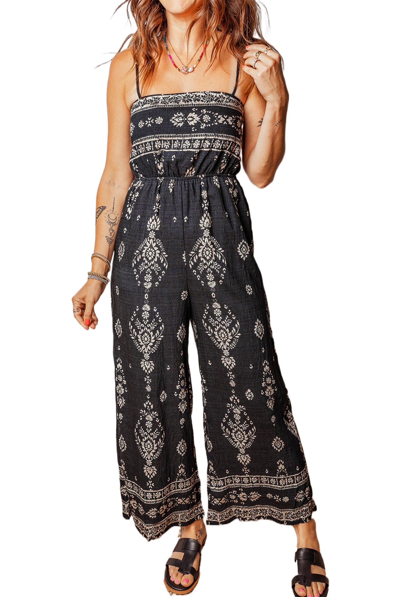 Women's Boho Wide Leg Jumpsuit – Casual Summer Romper - Main View Women's Boho Wide Leg Jumpsuit – Casual Summer Romper - Main View