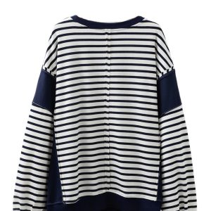 Women's Blue Stripe Color Block Plus Size Sweatshirt – Casual Long Sleeve Round Neck for Daily Wear - Main View