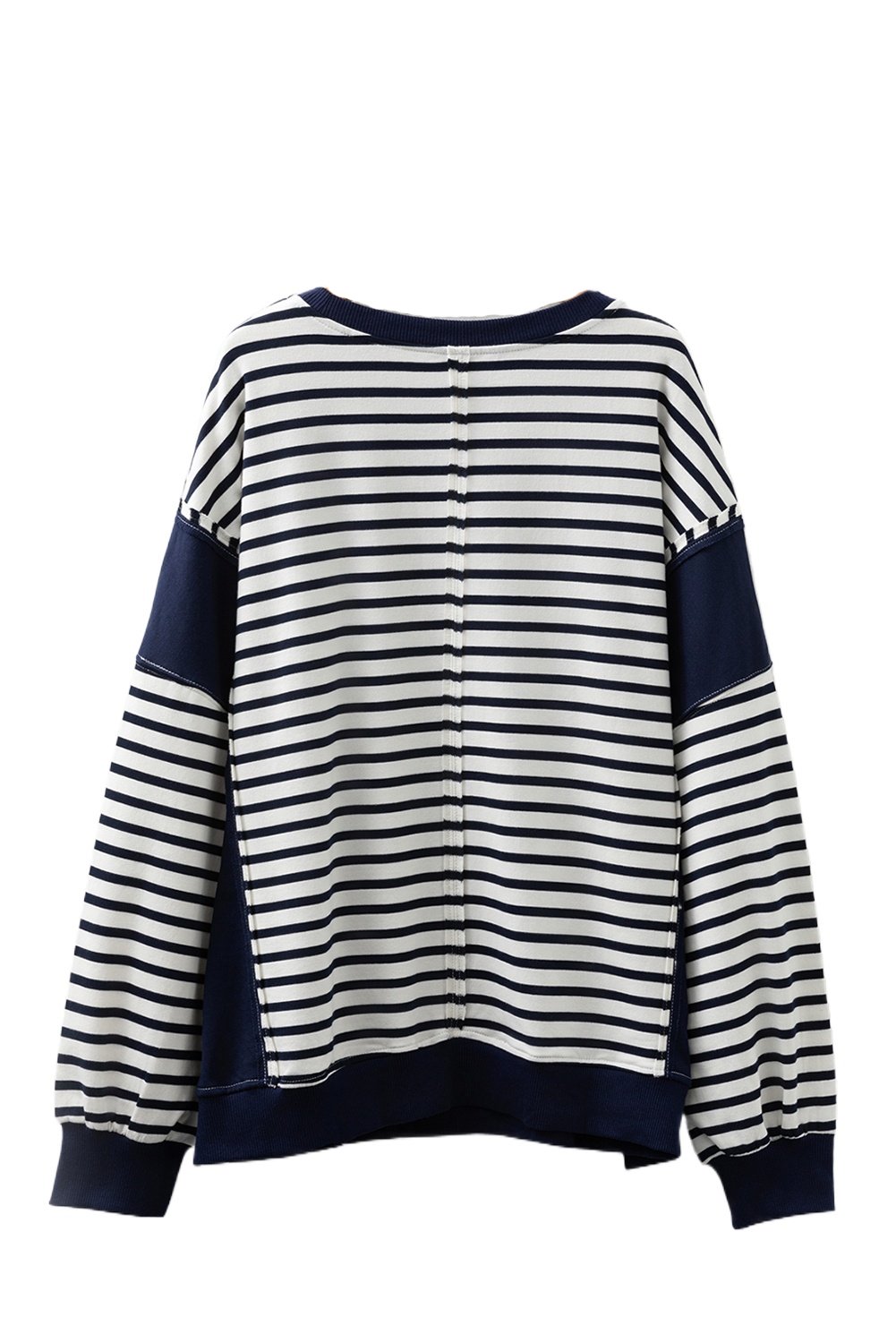 Women's Blue Stripe Color Block Plus Size Sweatshirt – Casual Long Sleeve Round Neck for Daily Wear - Main View Women's Blue Stripe Color Block Plus Size Sweatshirt – Casual Long Sleeve Round Neck for Daily Wear - Main View