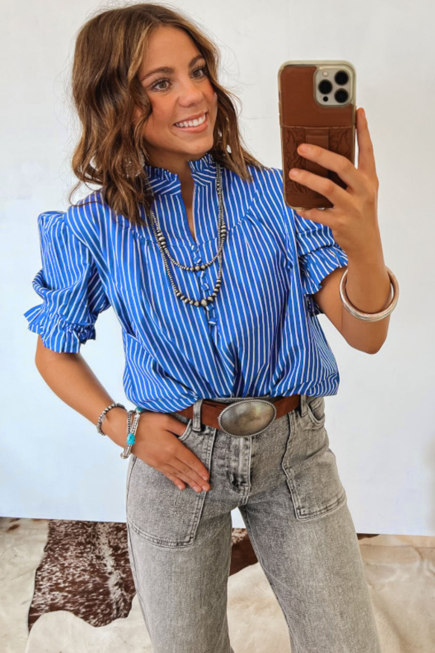 Lightweight Summer Striped Blouse for Women – Ruffled Button Front Shift Top, Western Casual Style - Detail View 3 Lightweight Summer Striped Blouse for Women – Ruffled Button Front Shift Top, Western Casual Style - Detail View 3