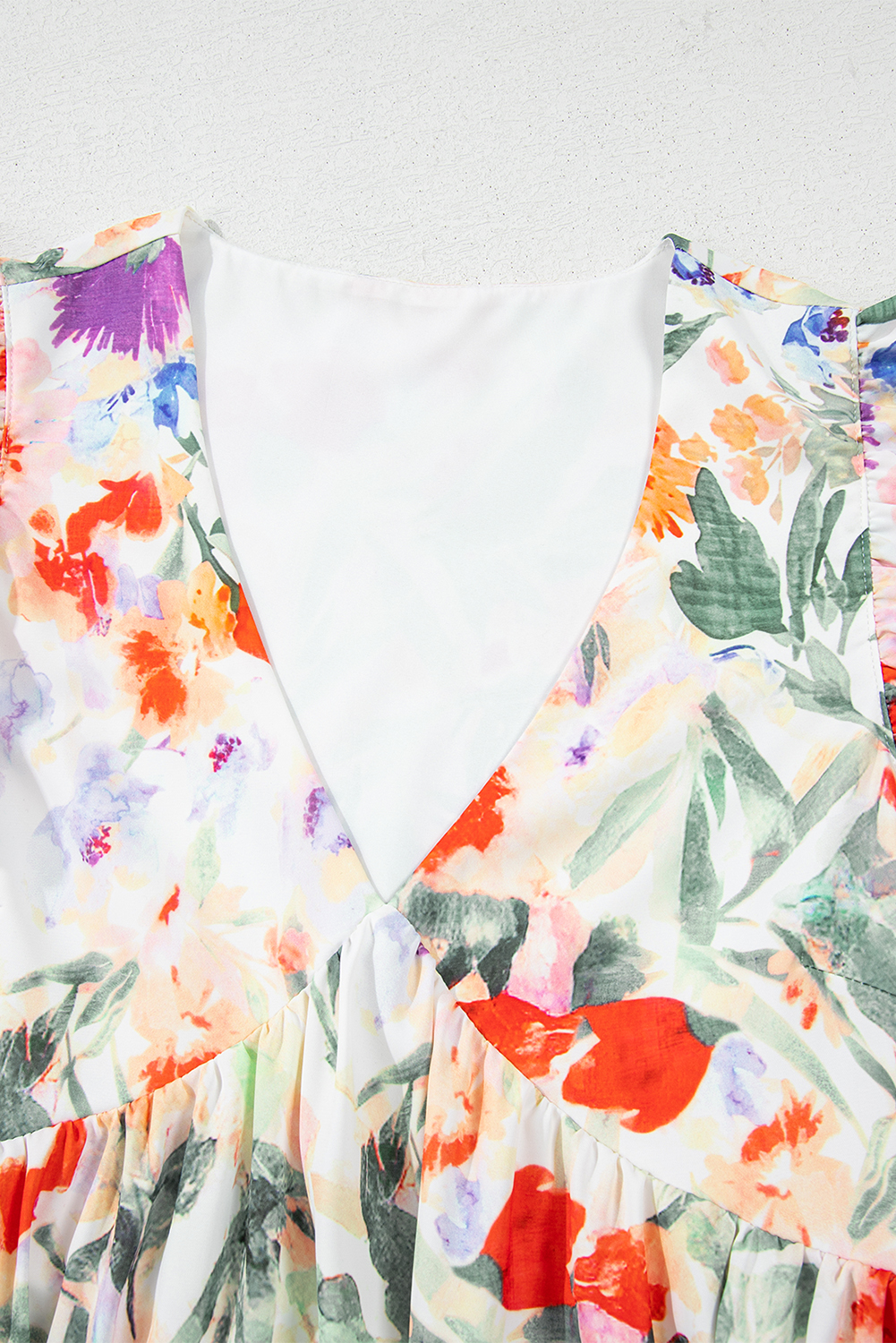 Women's Pink Floral Double Ruffle Sleeve V Neck High Waist Mini Dress - Perfect for Spring and Summer - Detail View 25 Women's Pink Floral Double Ruffle Sleeve V Neck High Waist Mini Dress - Perfect for Spring and Summer - Detail View 25