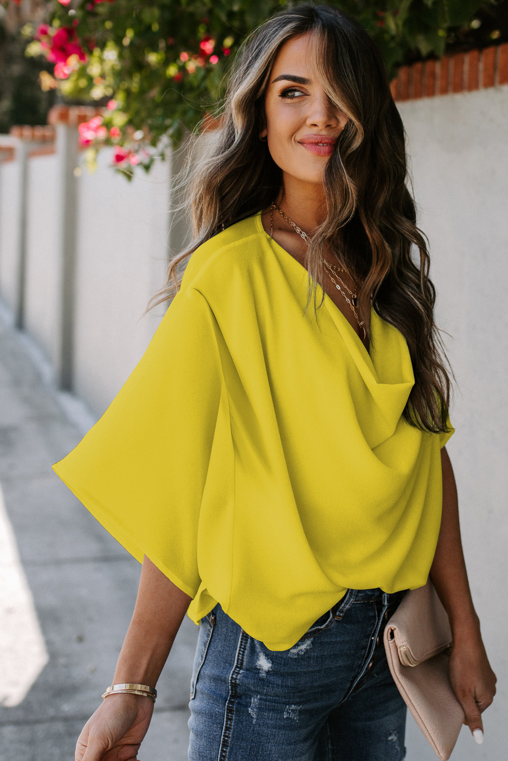 Women's Vanilla Yellow Draped Blouse – Modern V-Neck Top - Detail View 10 Women's Vanilla Yellow Draped Blouse – Modern V-Neck Top - Detail View 10