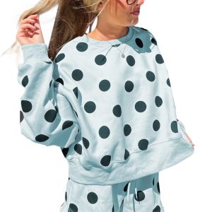 Women's Sky Blue Polka Dot Pullover & Shorts Set – Casual Spring Outfit for Beach Days - Main View