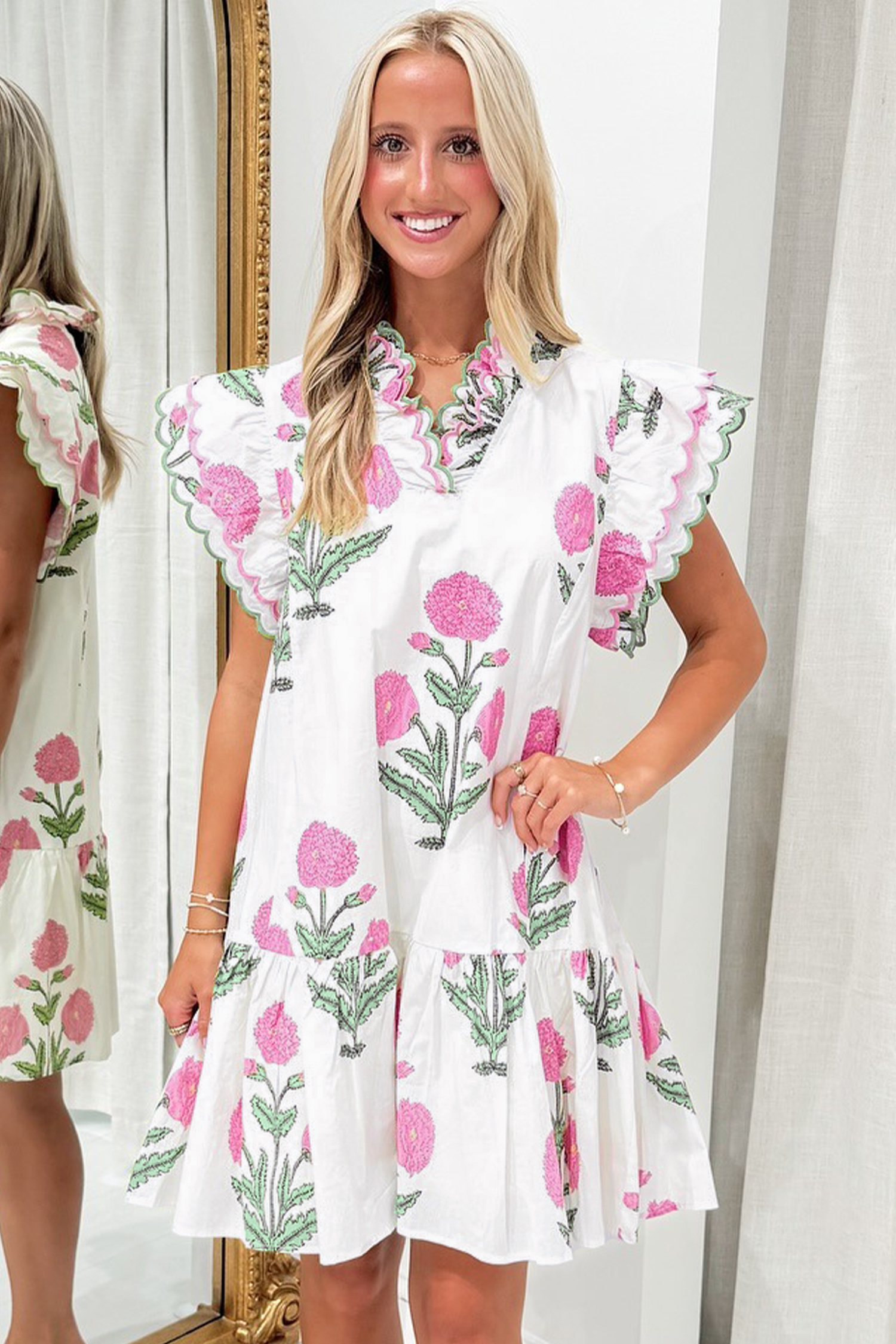 White Floral Mini Dress for Women – Casual V-Neck Shift Dress with Embroidery Detail and Rick Rack Trim - Detail View 9 White Floral Mini Dress for Women – Casual V-Neck Shift Dress with Embroidery Detail and Rick Rack Trim - Detail View 9