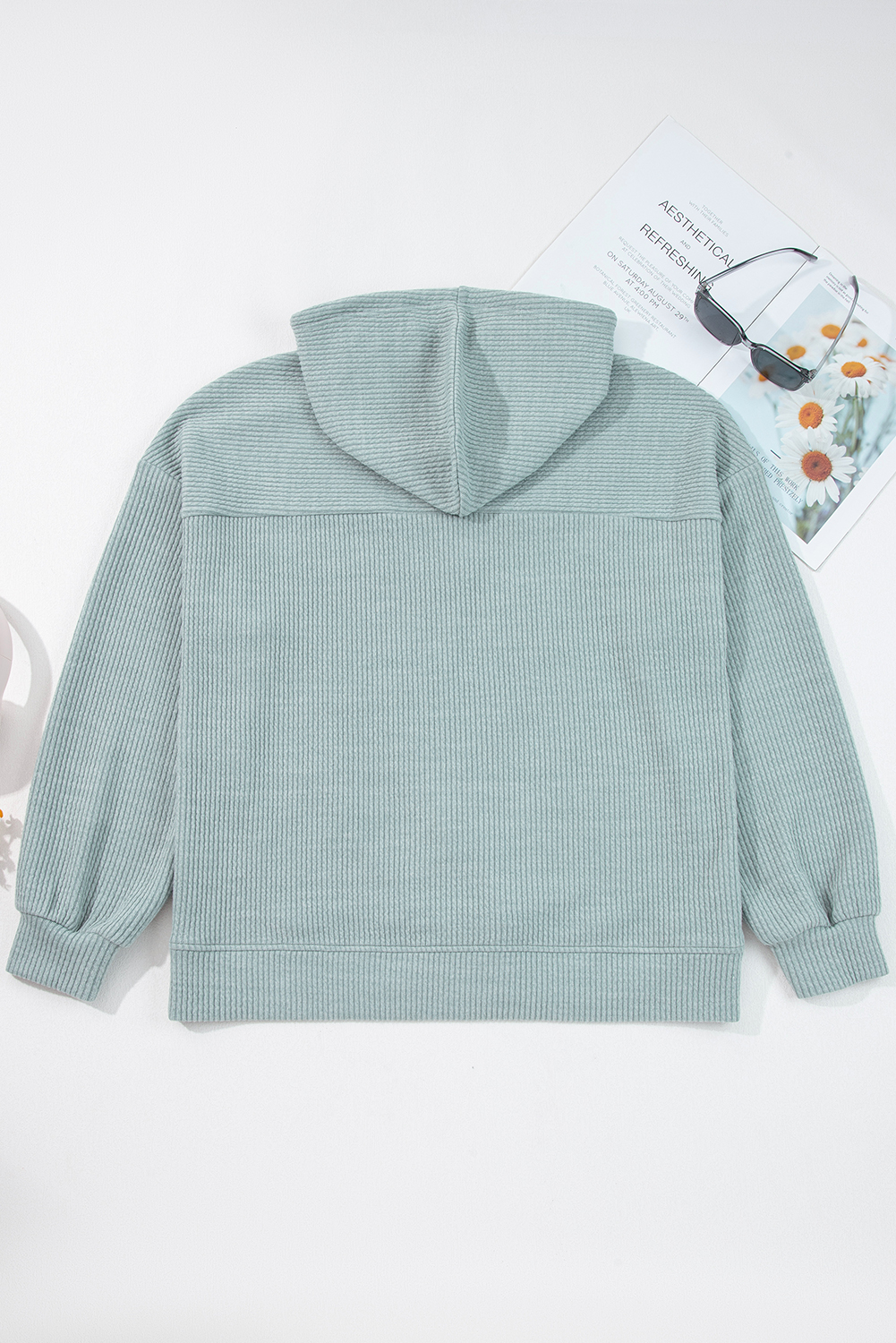 Clearly Aqua Ribbed Drop Shoulder Knit Hoodie for Women - Detail View 5 Clearly Aqua Ribbed Drop Shoulder Knit Hoodie for Women - Detail View 5