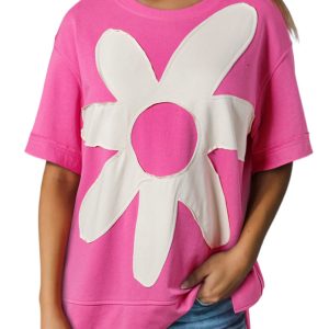 Women's Sachet Pink Contrast Flower Drop Shoulder Loose T-Shirt - Main View