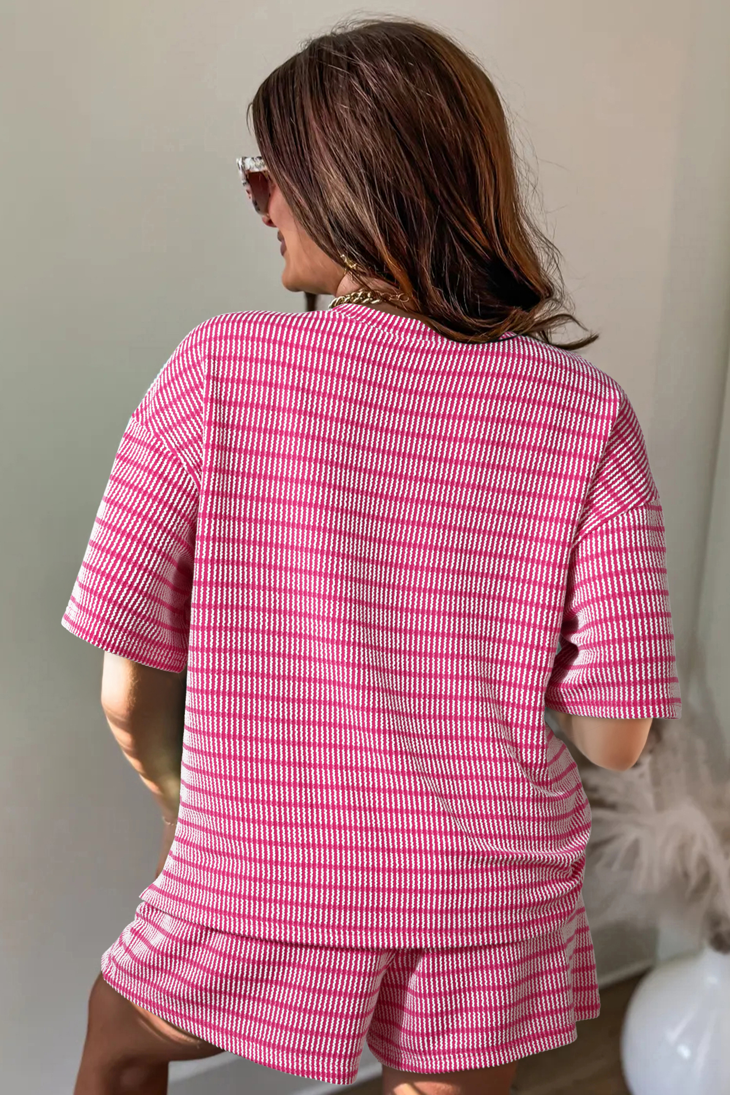 Summer Loungewear Set for Women – Rose Striped Loose Tee and Drawstring Shorts Outfit - Detail View 2 Summer Loungewear Set for Women – Rose Striped Loose Tee and Drawstring Shorts Outfit - Detail View 2