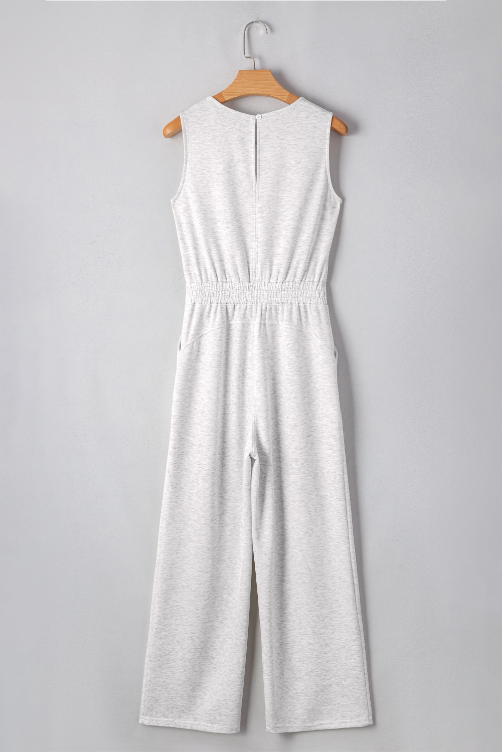 Women's Light Grey Sleeveless Jumpsuit - Casual Crew Neck with Drawstring High Waist - Detail View 9 Women's Light Grey Sleeveless Jumpsuit - Casual Crew Neck with Drawstring High Waist - Detail View 9