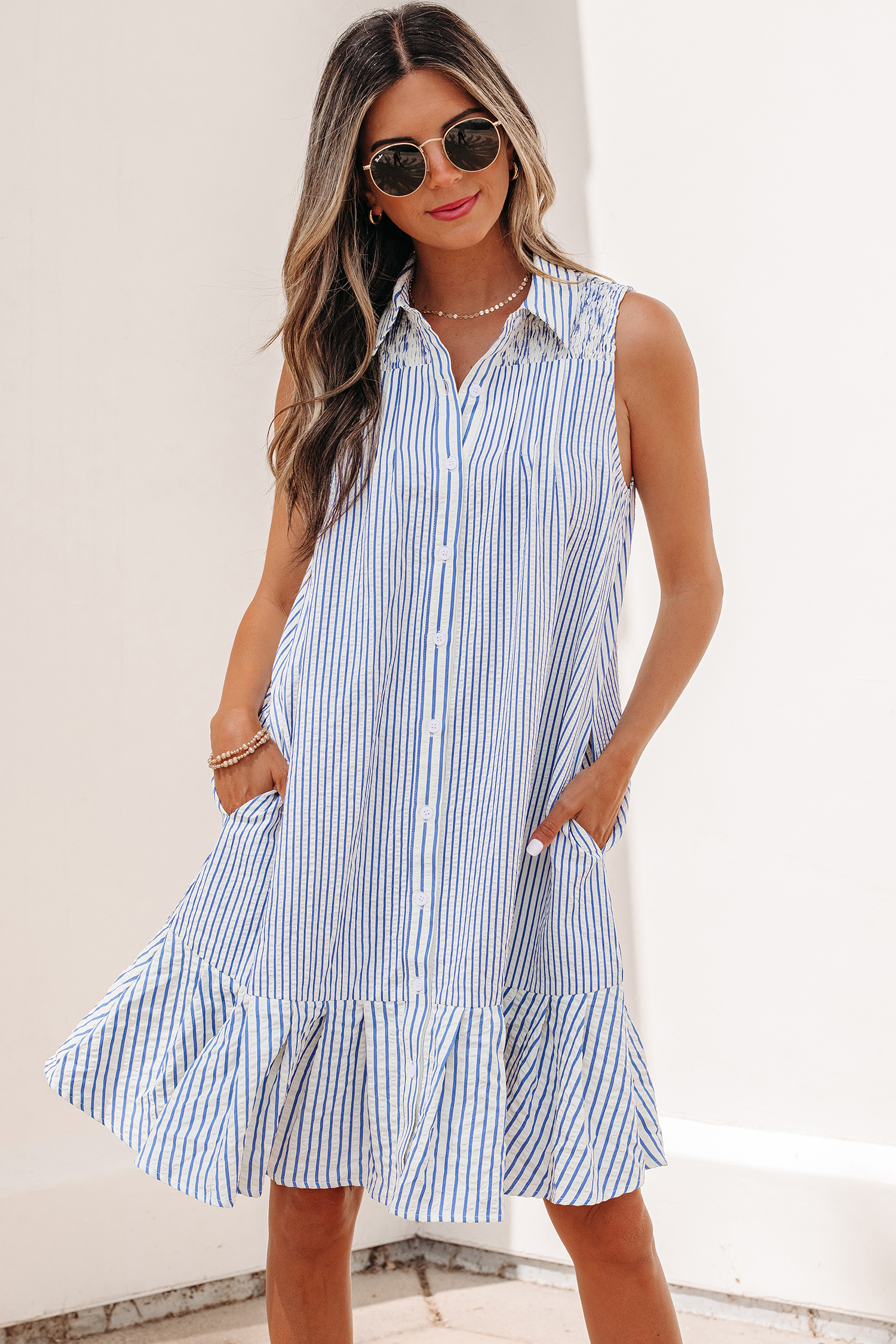 Sky Blue Stripe Sleeveless Dress for Women – Modern Ruffle Hem Summer Dress for Beach Vacations - Detail View 2 Sky Blue Stripe Sleeveless Dress for Women – Modern Ruffle Hem Summer Dress for Beach Vacations - Detail View 2