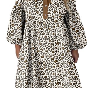Women's Khaki Leopard Print V-Neck Puff Sleeve Mini Dress – Plus Size Loose Fit for Daily Wear - Main View