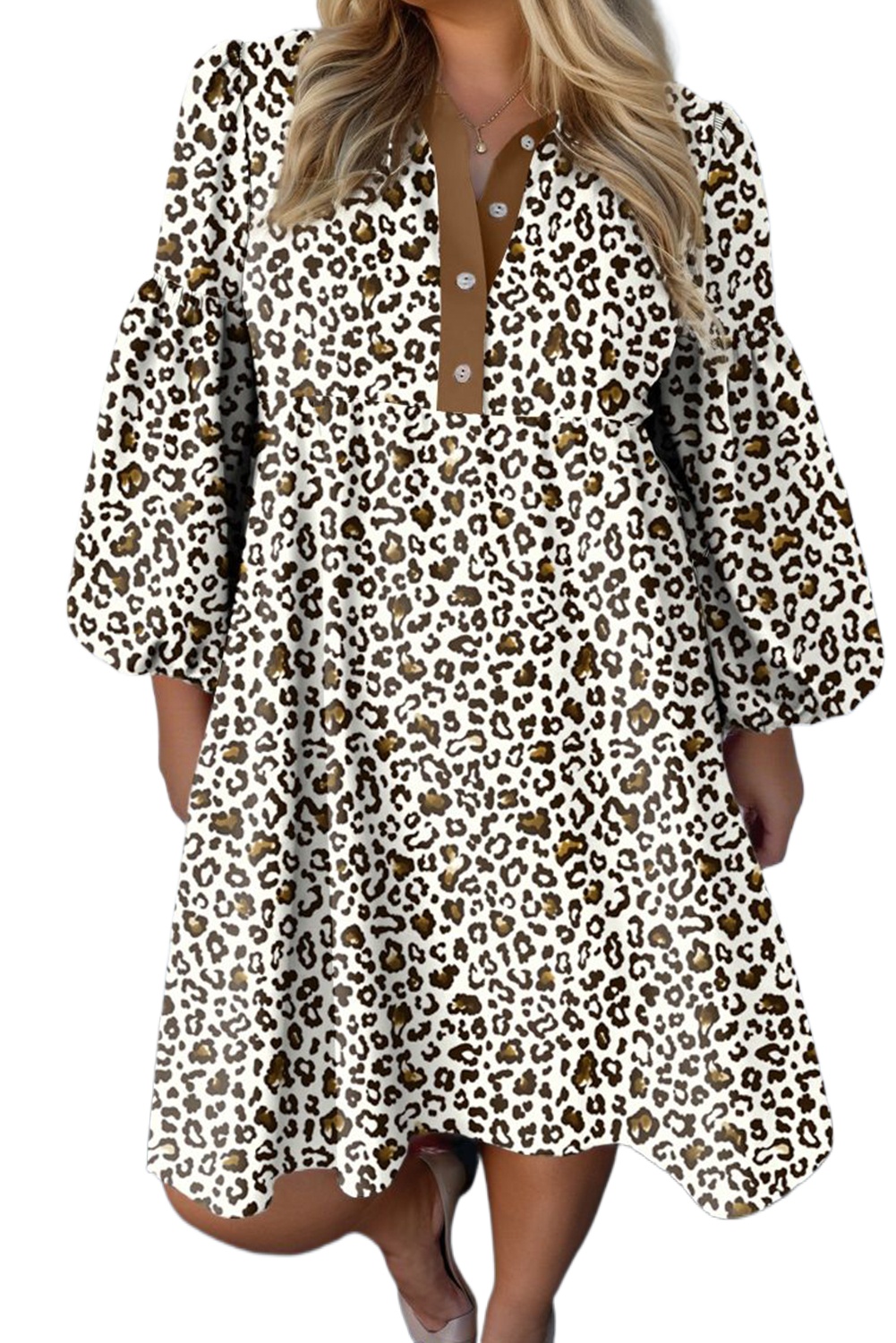 Women's Khaki Leopard Print V-Neck Puff Sleeve Mini Dress – Plus Size Loose Fit for Daily Wear - Main View Women's Khaki Leopard Print V-Neck Puff Sleeve Mini Dress – Plus Size Loose Fit for Daily Wear - Main View