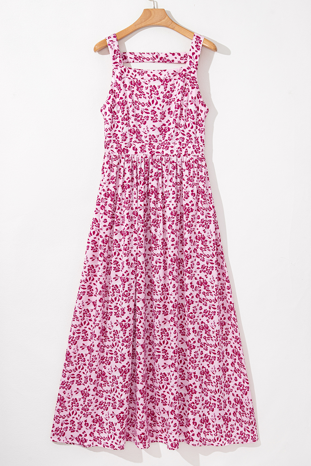 Women's Pink Floral Cutout Back Empire Waist Sleeveless Maxi Dress - Chic Summer Style - Detail View 9 Women's Pink Floral Cutout Back Empire Waist Sleeveless Maxi Dress - Chic Summer Style - Detail View 9