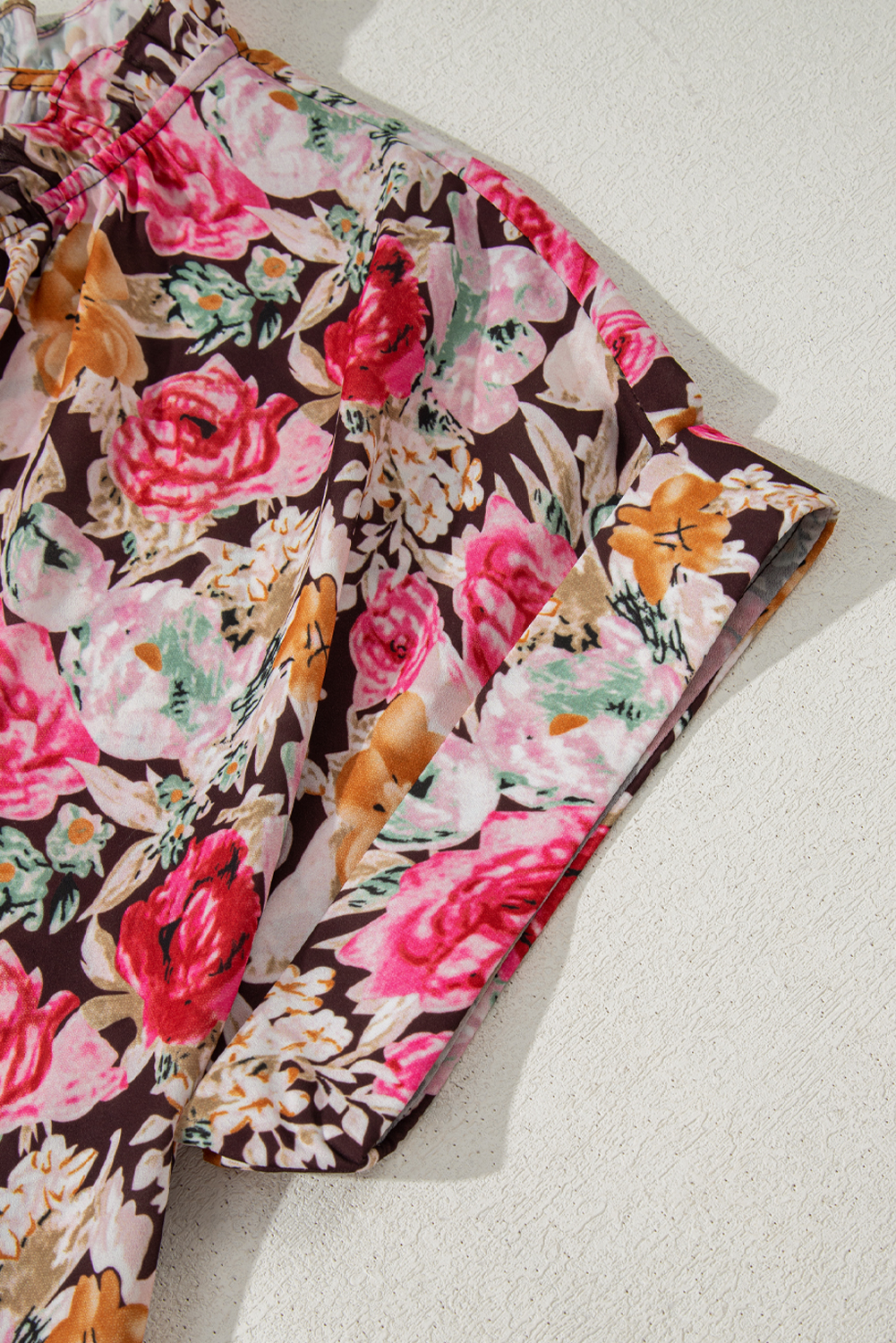 Charming Women's Pink Floral Print Crew Neck Short Sleeve Shift Blouse - Detail View 21 Charming Women's Pink Floral Print Crew Neck Short Sleeve Shift Blouse - Detail View 21