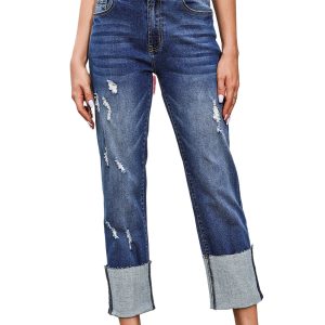Women's Blue High Waist Distressed Straight Leg Jeans – Casual Everyday Wear for Fall Outings - Main View