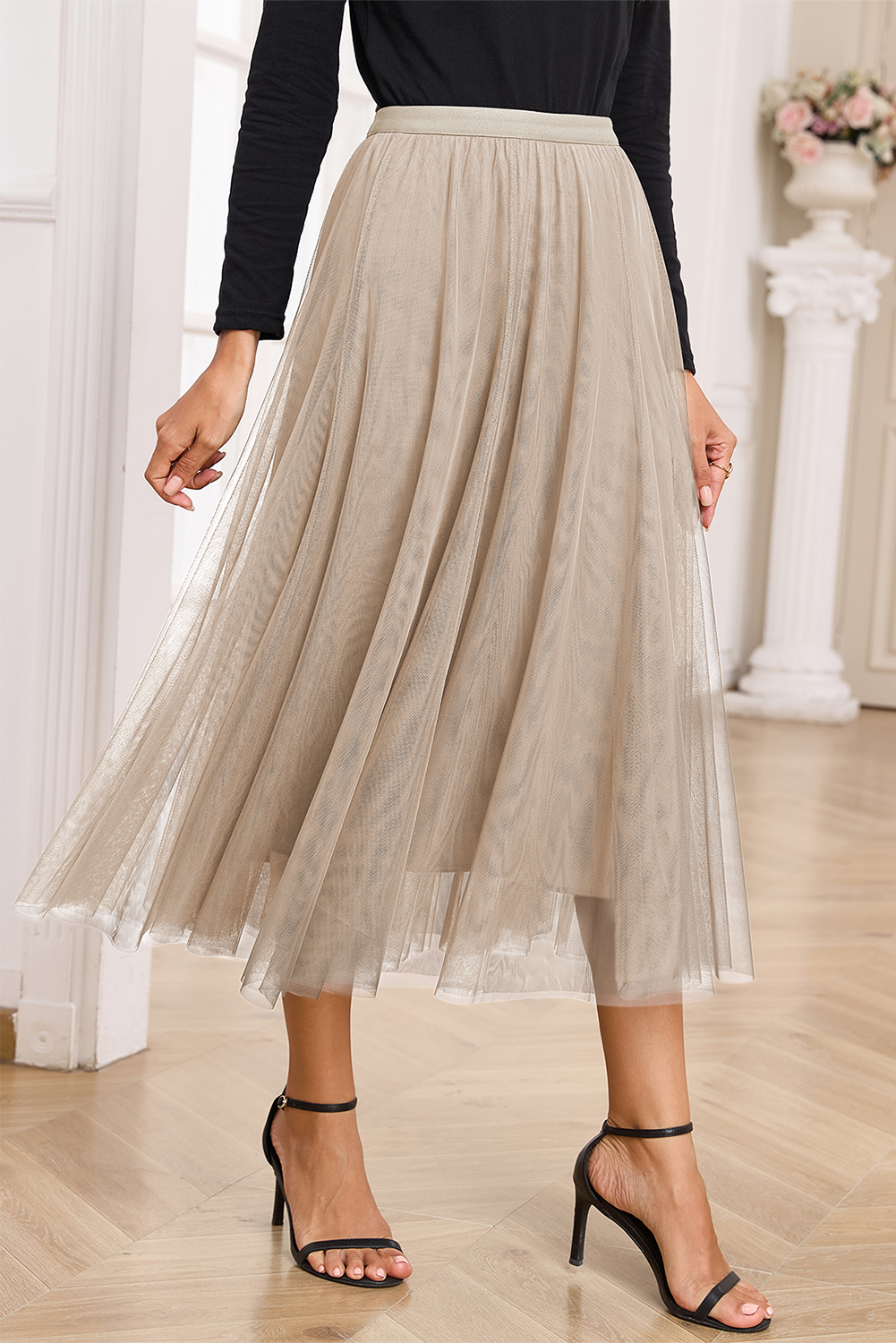 Women's Casual Apricot Tulle Long Skirt – Sheer Mesh Overlay Flared Midi Skirt for Daily Wear - Detail View 6 Women's Casual Apricot Tulle Long Skirt – Sheer Mesh Overlay Flared Midi Skirt for Daily Wear - Detail View 6