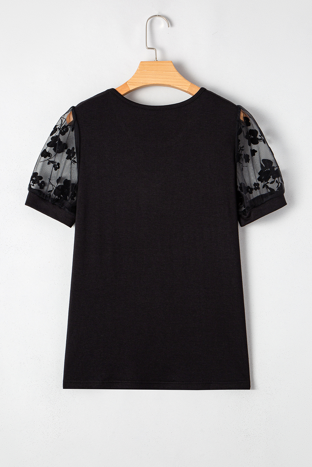 Women's T-Shirt, Black Flora, Lace Patchwork, Crew Neck, Mesh Puff Sleeves, Elegant Style, Daily Wear, Flattering Fit, Summer Fashion, Chic Top, Versatile Outfit, Tops & Tees - Detail View 8 Women's T-Shirt, Black Flora, Lace Patchwork, Crew Neck, Mesh Puff Sleeves, Elegant Style, Daily Wear, Flattering Fit, Summer Fashion, Chic Top, Versatile Outfit, Tops & Tees - Detail View 8