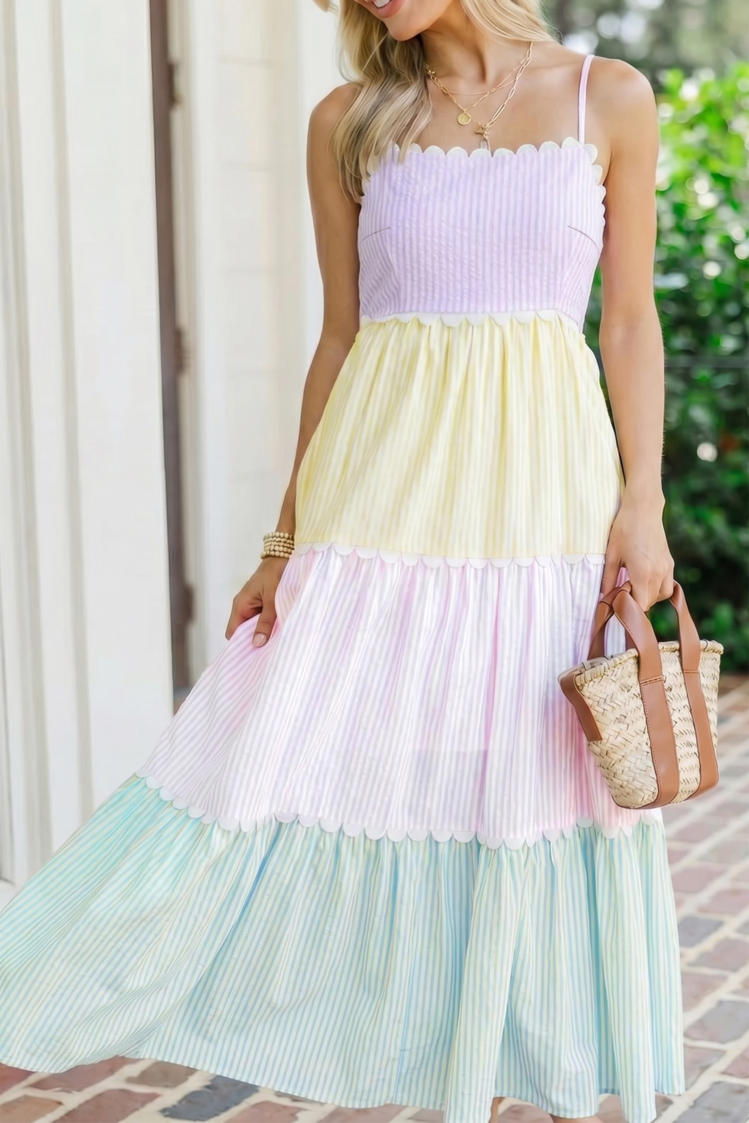 Women's Striped Patchwork Long Dress – High Waist Scalloped Detail Easter Party Dress - Detail View 5 Women's Striped Patchwork Long Dress – High Waist Scalloped Detail Easter Party Dress - Detail View 5