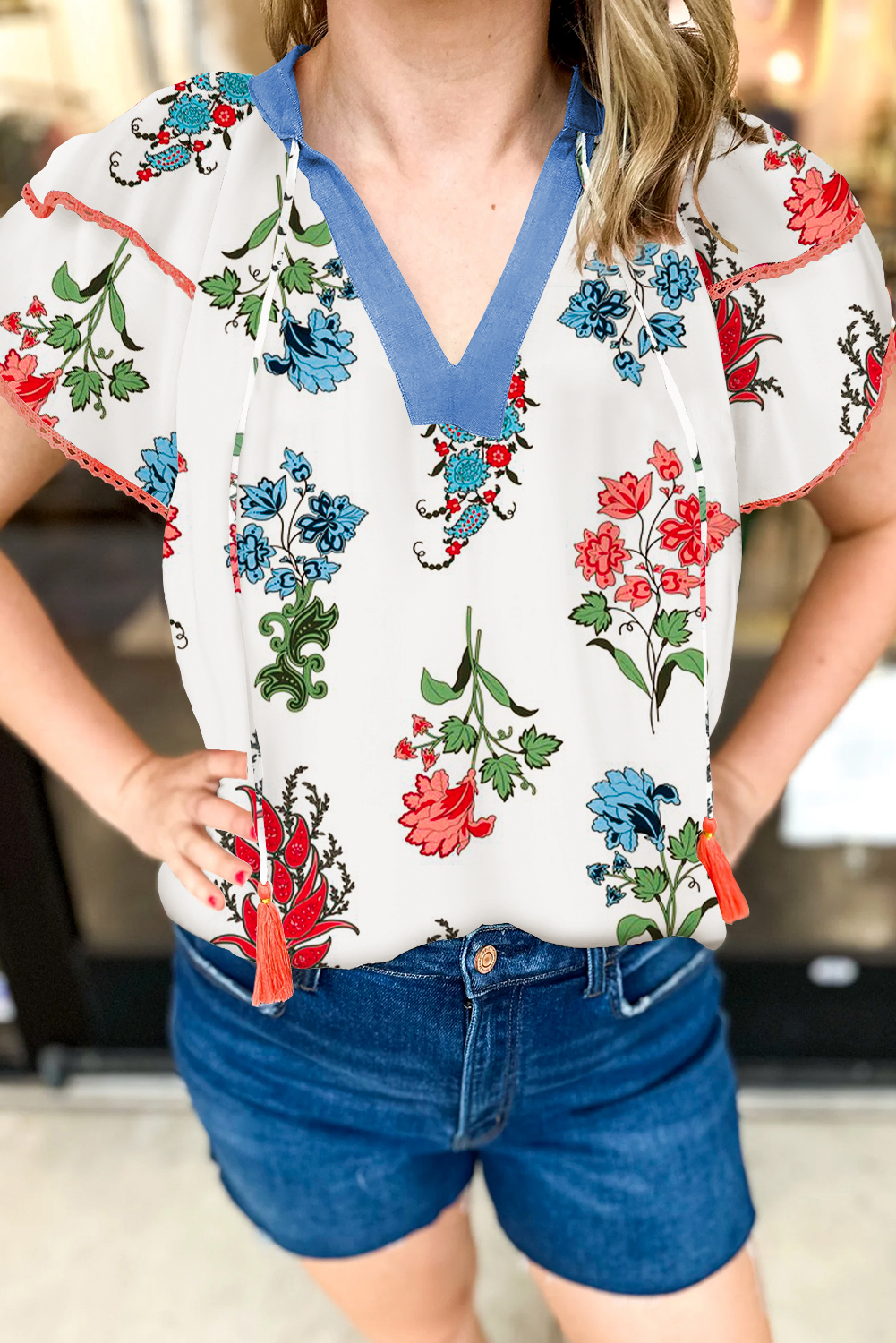 Charming Short Sleeve Floral Blouse - Contrast V Neck & Lace Accents - Detail View 2 Charming Short Sleeve Floral Blouse - Contrast V Neck & Lace Accents - Detail View 2
