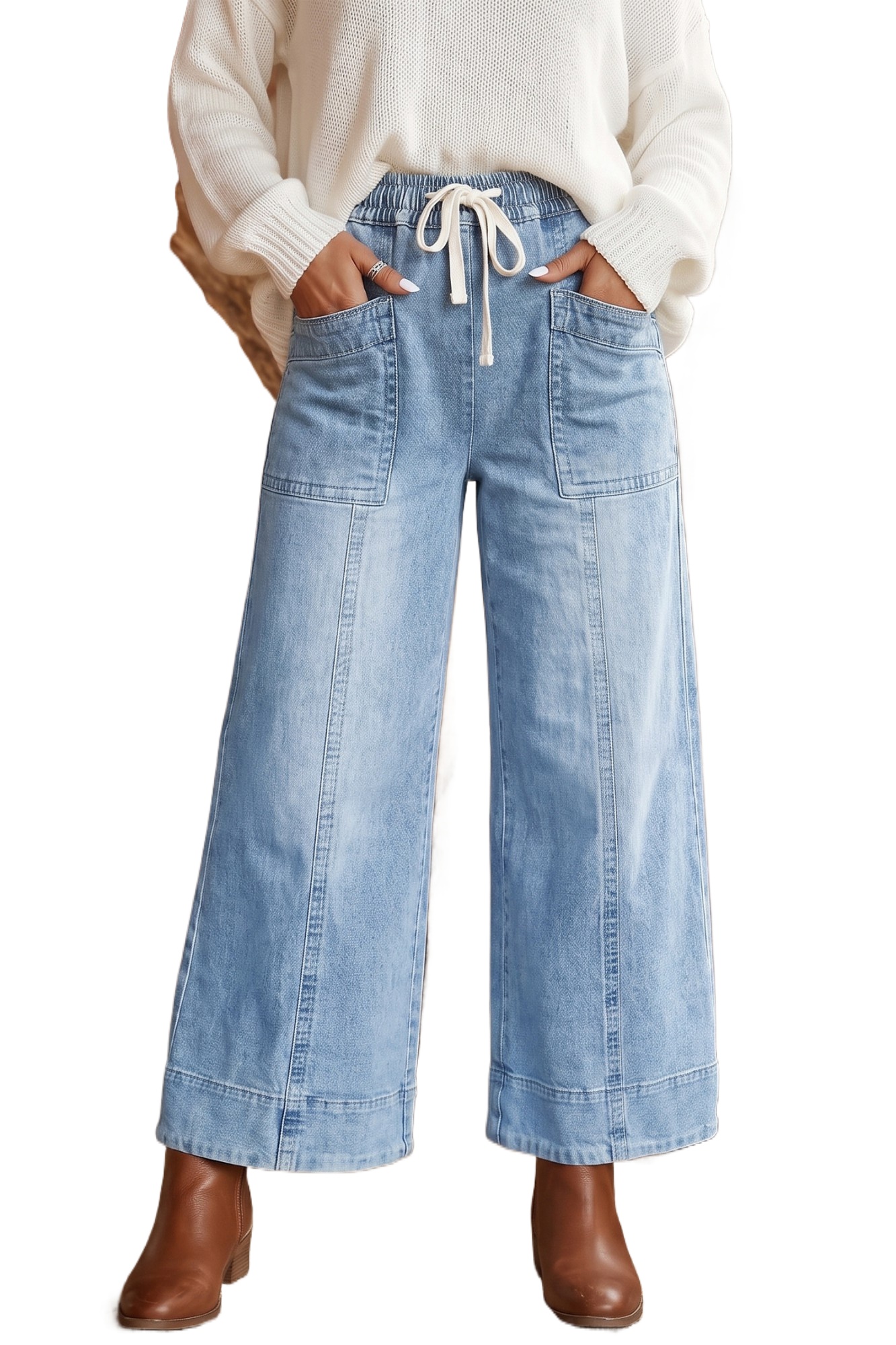 Women's Beau Blue Jeans, Wide Leg Drawstring Casual Pants - Main View Women's Beau Blue Jeans, Wide Leg Drawstring Casual Pants - Main View