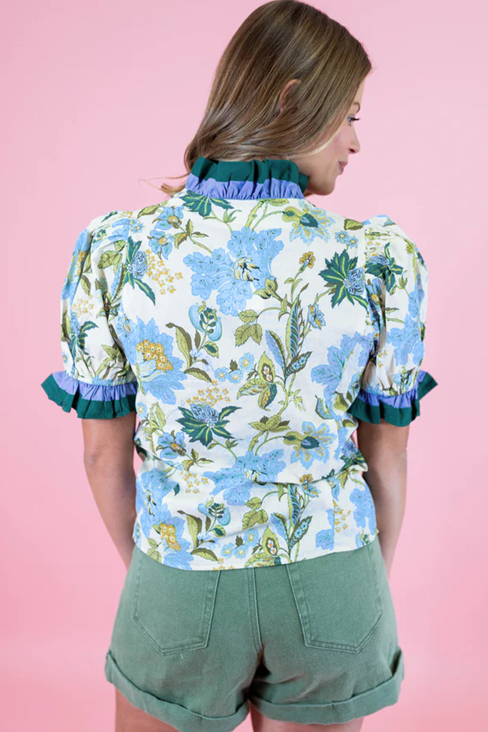 Women's Beige Floral Print Blouse with Frilled Striped Trim – Ideal for Summer Outings - Detail View 7 Women's Beige Floral Print Blouse with Frilled Striped Trim – Ideal for Summer Outings - Detail View 7
