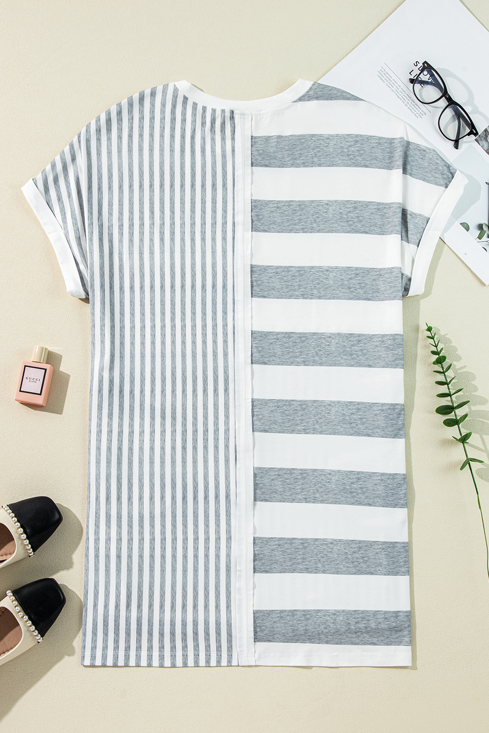 Women's Dress, Gray Stripe, Short Sleeve, Shift Dress, Mini Dress, Casual Style, Summer Fashion, Comfortable Fit, Crew Neck, Chic Look, Daily Wear, Versatile Dress, H-Line Silhouette, Striped Pattern, Easy to Style - Detail View 8 Women's Dress, Gray Stripe, Short Sleeve, Shift Dress, Mini Dress, Casual Style, Summer Fashion, Comfortable Fit, Crew Neck, Chic Look, Daily Wear, Versatile Dress, H-Line Silhouette, Striped Pattern, Easy to Style - Detail View 8