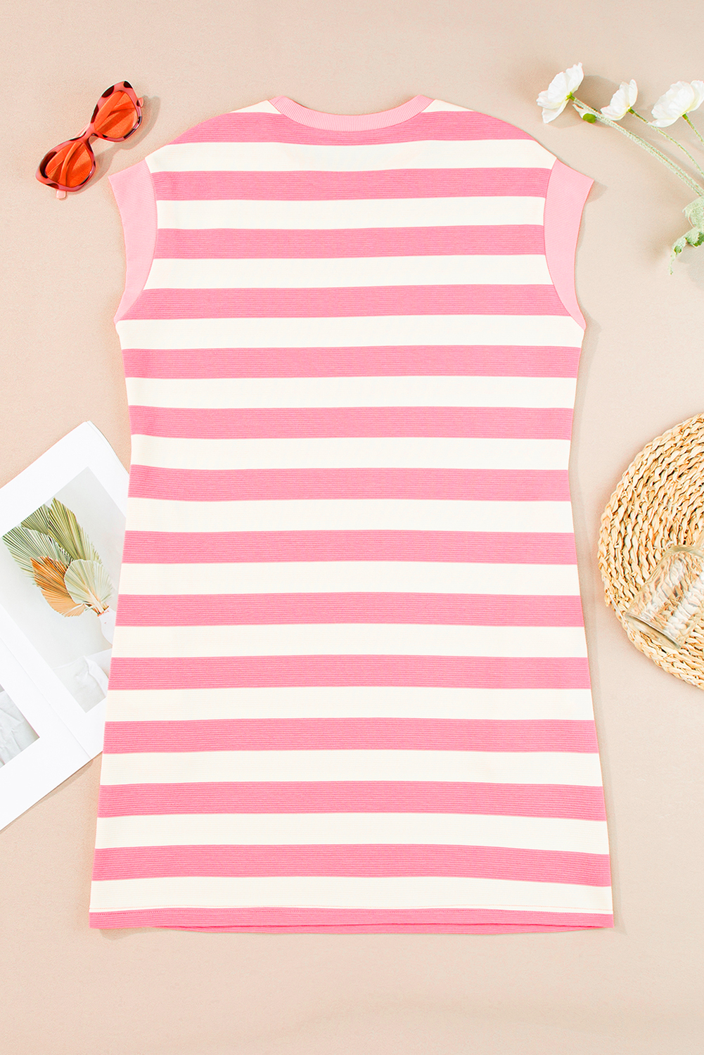 Casual Pink Stripe Shift Dress for Women – Sleeveless T-Shirt Style for Daily Wear - Detail View 5 Casual Pink Stripe Shift Dress for Women – Sleeveless T-Shirt Style for Daily Wear - Detail View 5