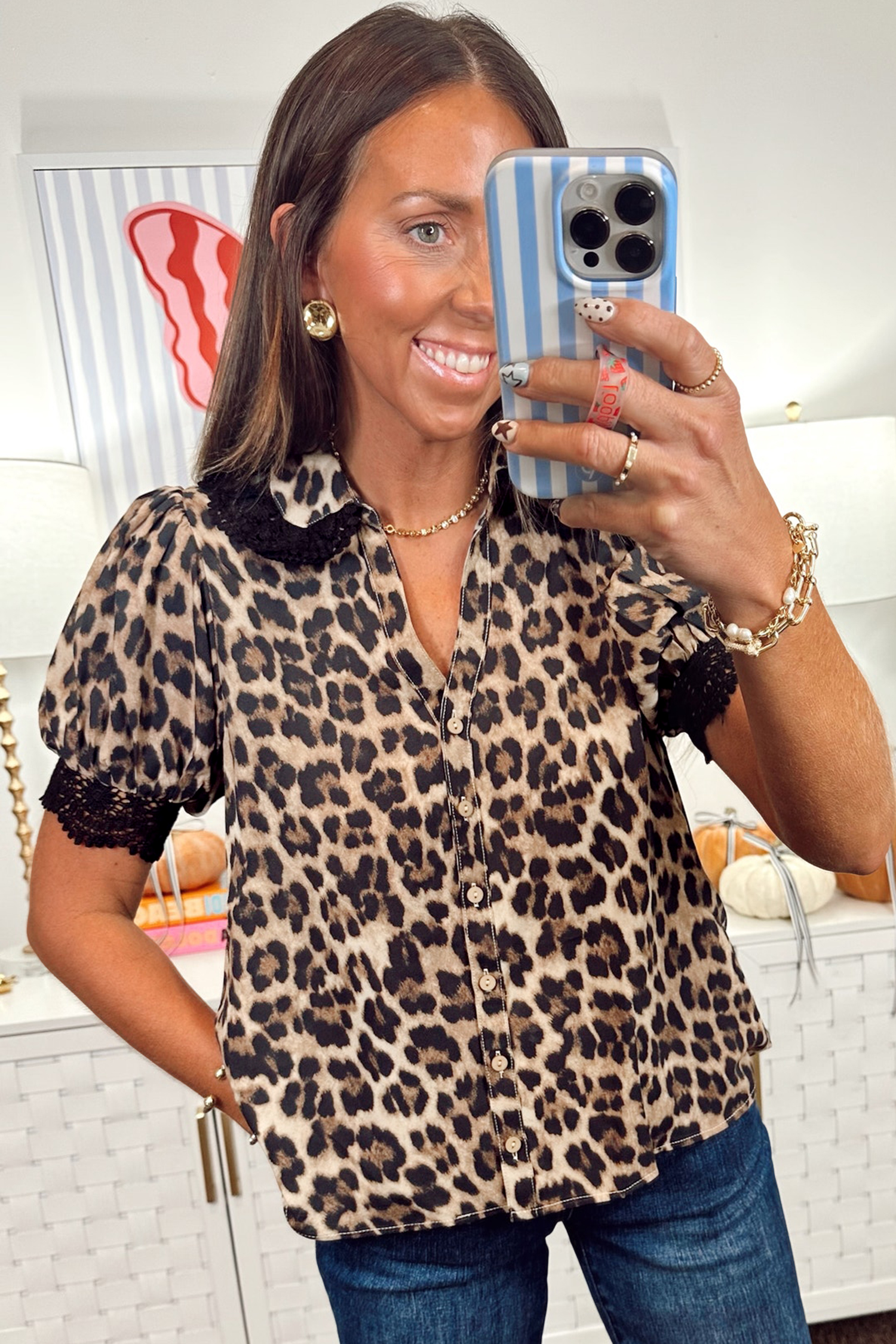 Chic Brown Leopard Print Button Down Shirt for Women – Lace Trimmed Short Sleeve Style - Detail View 2 Chic Brown Leopard Print Button Down Shirt for Women – Lace Trimmed Short Sleeve Style - Detail View 2
