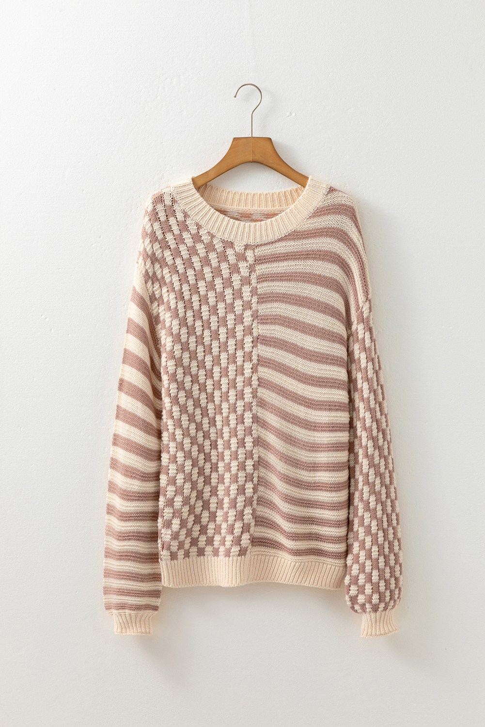 Women's Khaki Stripe Checkerboard Drop Shoulder Balloon Sleeve Sweater - Detail View 9 Women's Khaki Stripe Checkerboard Drop Shoulder Balloon Sleeve Sweater - Detail View 9