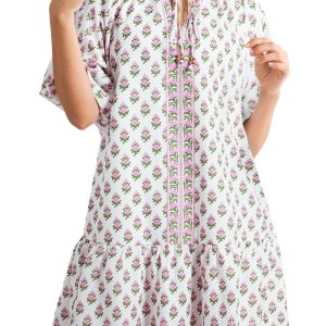Women's Pink Floral Print Bubble Sleeve Ruffled Dress with Neck Tie - Main View