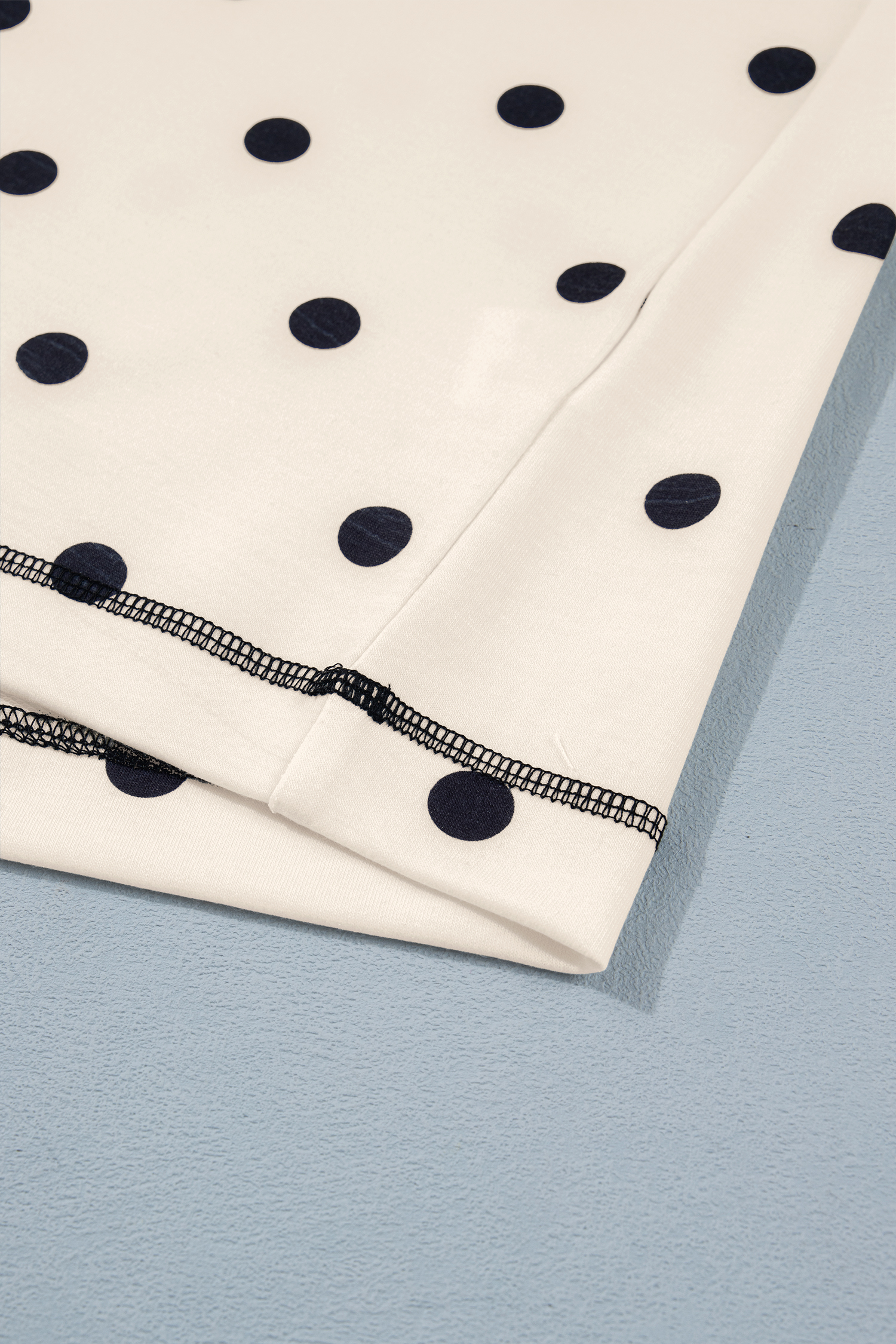 White Polka Dot Short Set for Women – Exposed Seam Detail Loose Tee and Shorts, Trendy Casual Style - Detail View 14 White Polka Dot Short Set for Women – Exposed Seam Detail Loose Tee and Shorts, Trendy Casual Style - Detail View 14